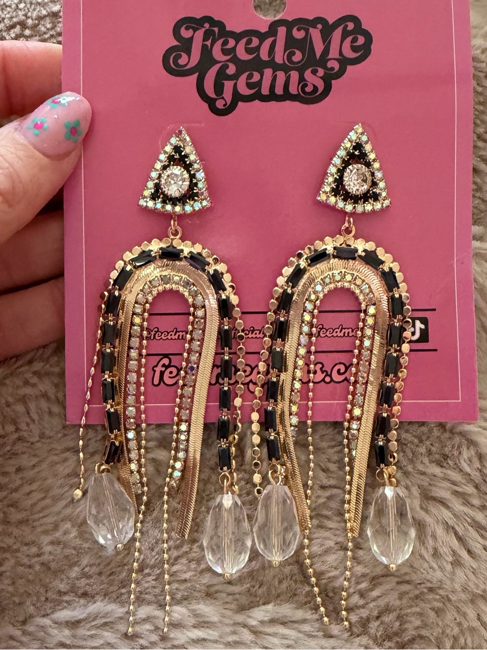 Feed me gems black and gold statement earrings